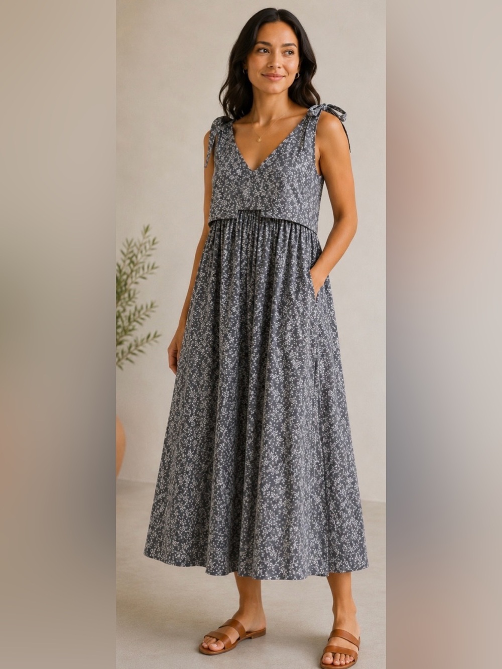 Mirth Handmade Collection gray and white Floral Cotton Silk Maxi Dress, Small